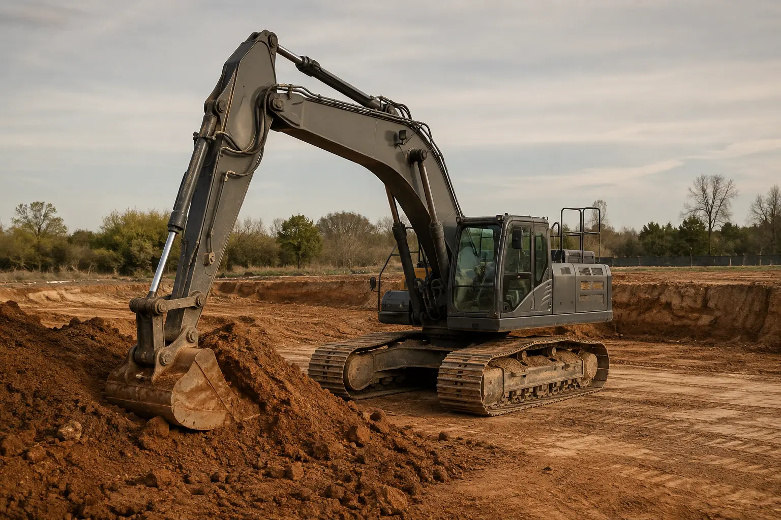 Tracked excavator performing dirt work on a North Texas construction site