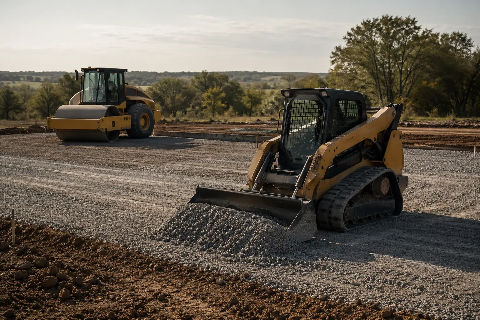 Heavy equipment grading and preparing aggregate base for construction